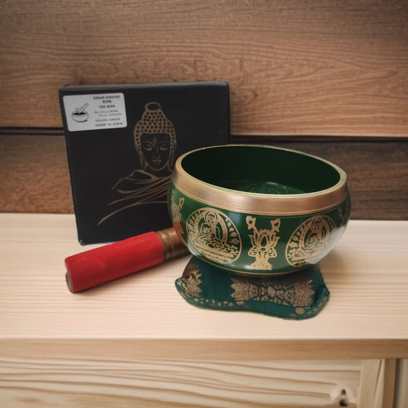 Cuenco Tibetano Verde con Zafu, Baqueta y Caja Buda 13cm