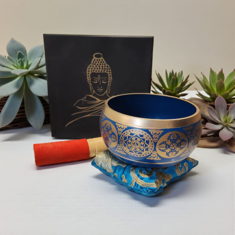 Cuenco Tibetano Celeste con Zafu, Baqueta y Caja Buda 11cm