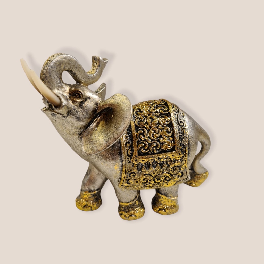 Elefante Resina Plateado con Manto Detalles con Cuernos 12cm