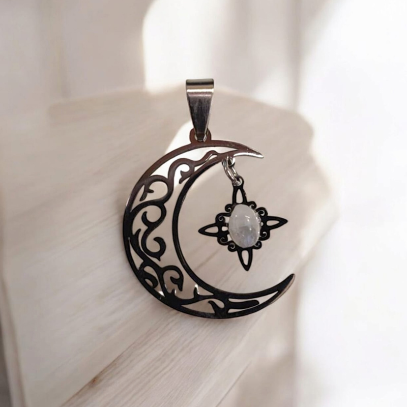 Dije Gema Piedra de la Luna con Luna y Nudo de Bruja