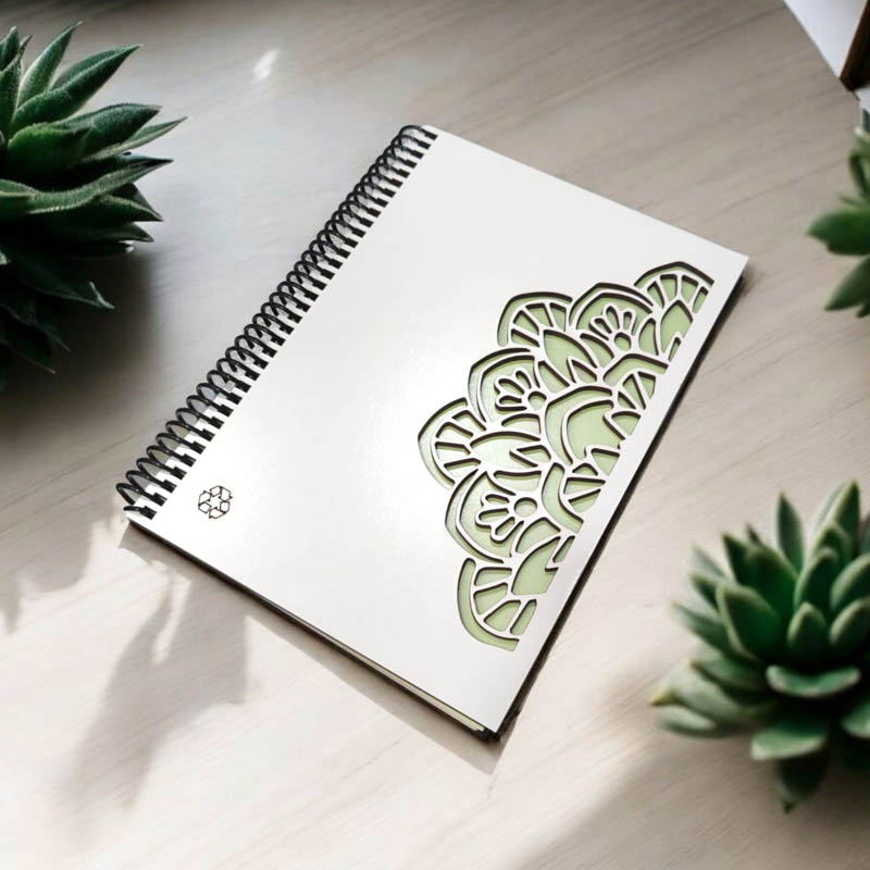 Cuaderno A5 Rayado Tapa Madera Blanca Mandala