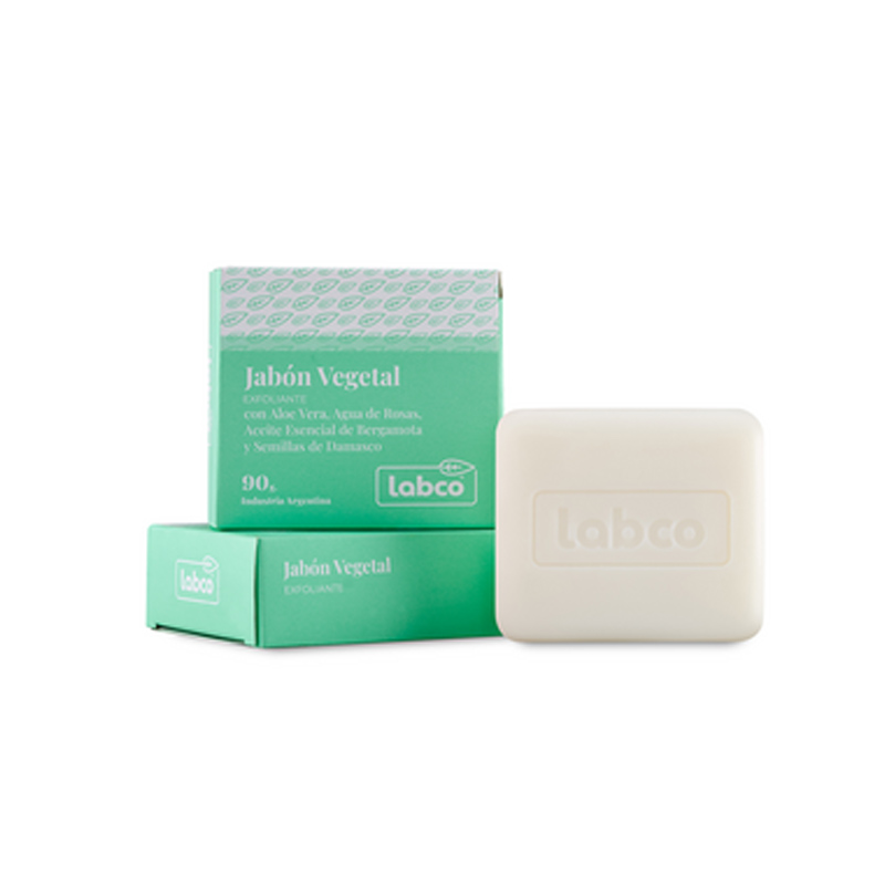 Jabón Vegetal Exfoliante Aloe Vera y Agua de Rosas con Aceite Esencial de Bergamota y semillas de Damasco 90gr, Labco