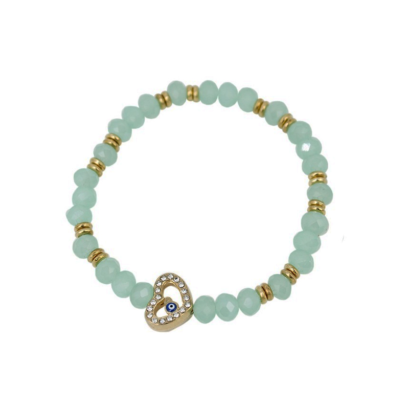 Pulsera Elastica Aqua y Dorada con Corazon y Ojo Turco