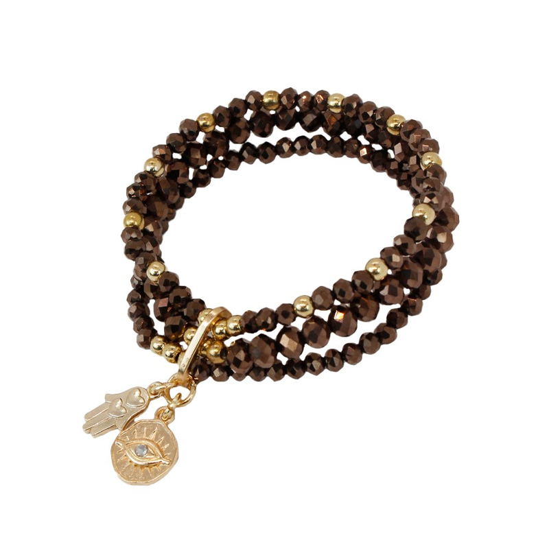 Pulsera Elastica Triple Color Bronce con Ojo y Mano de Fatima Dorada