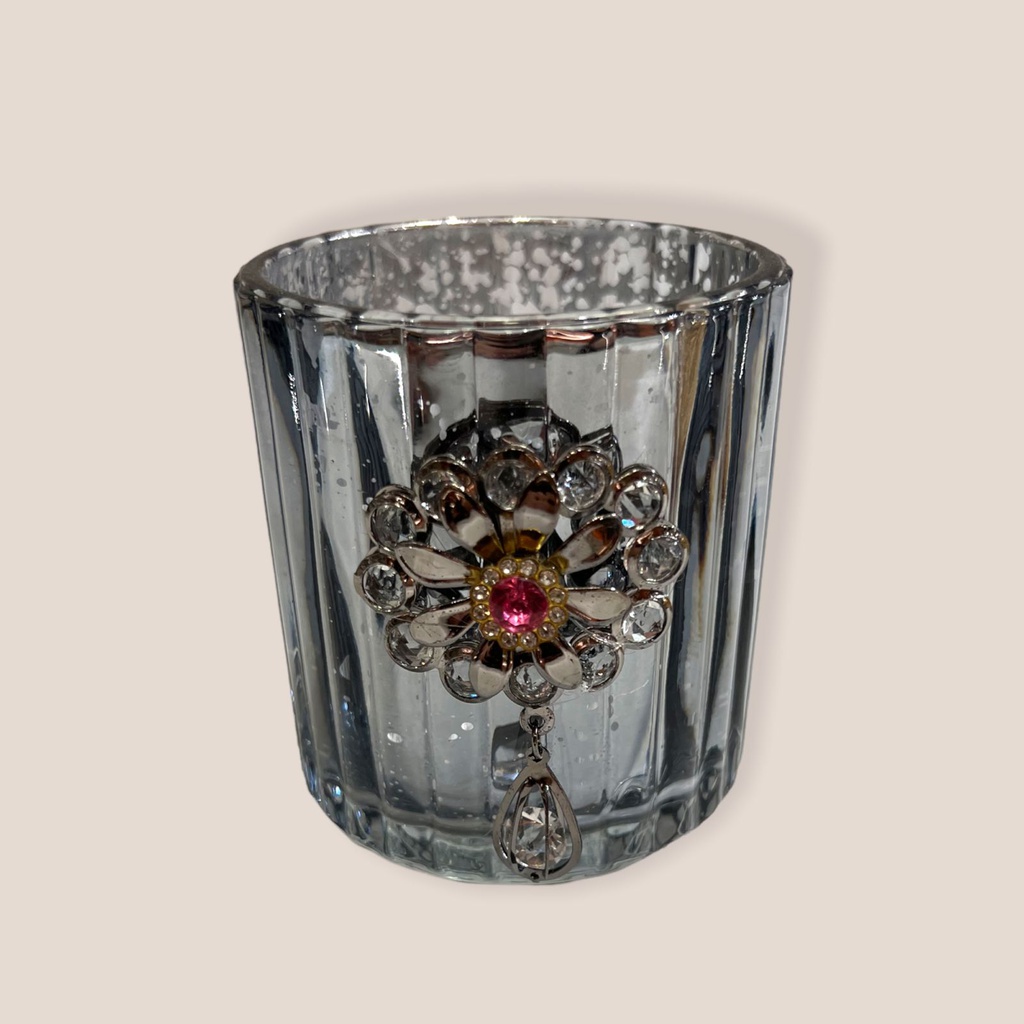 Porta Velas de Vidrio con Flor de Strass 7x8cm