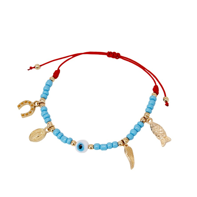Pulsera Hilo Cyan con Ojo Turco y Dijes Varios