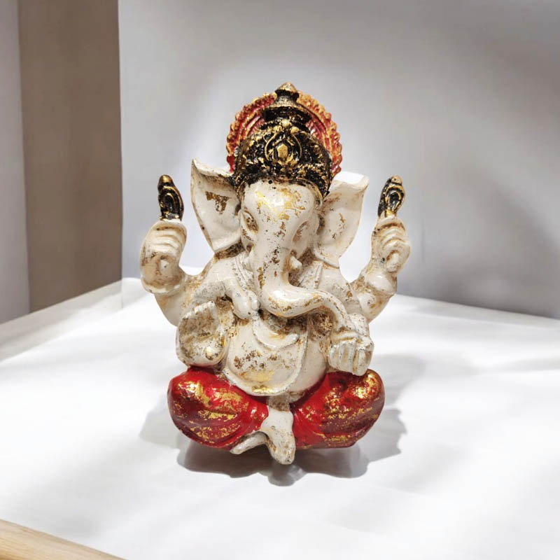 Ganesha Blanca Resina 12cm Manto Rojo