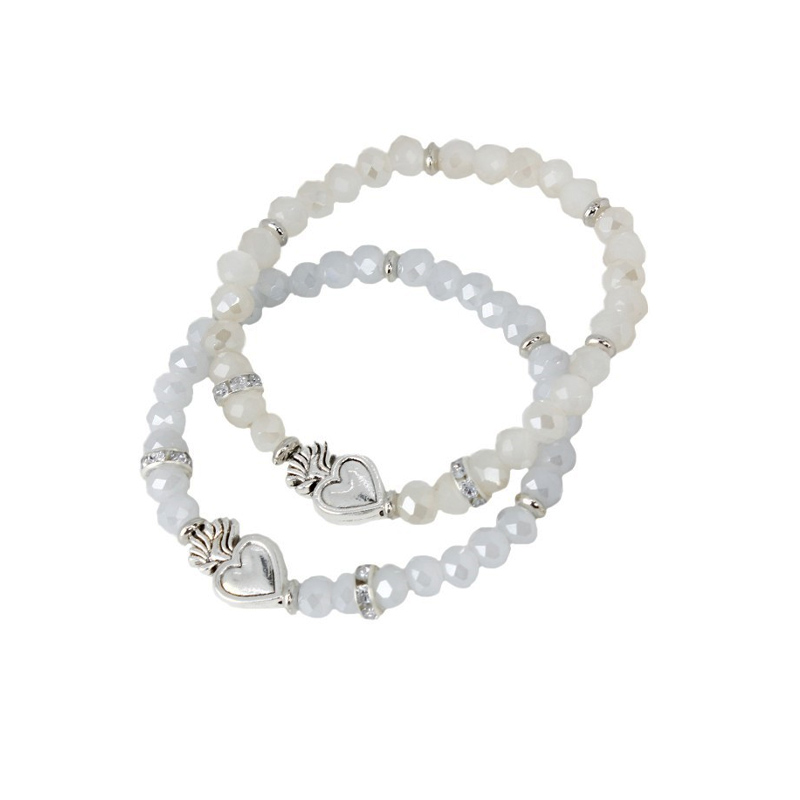 Set Pulseras Elastica Celeste y Beige con Corazon