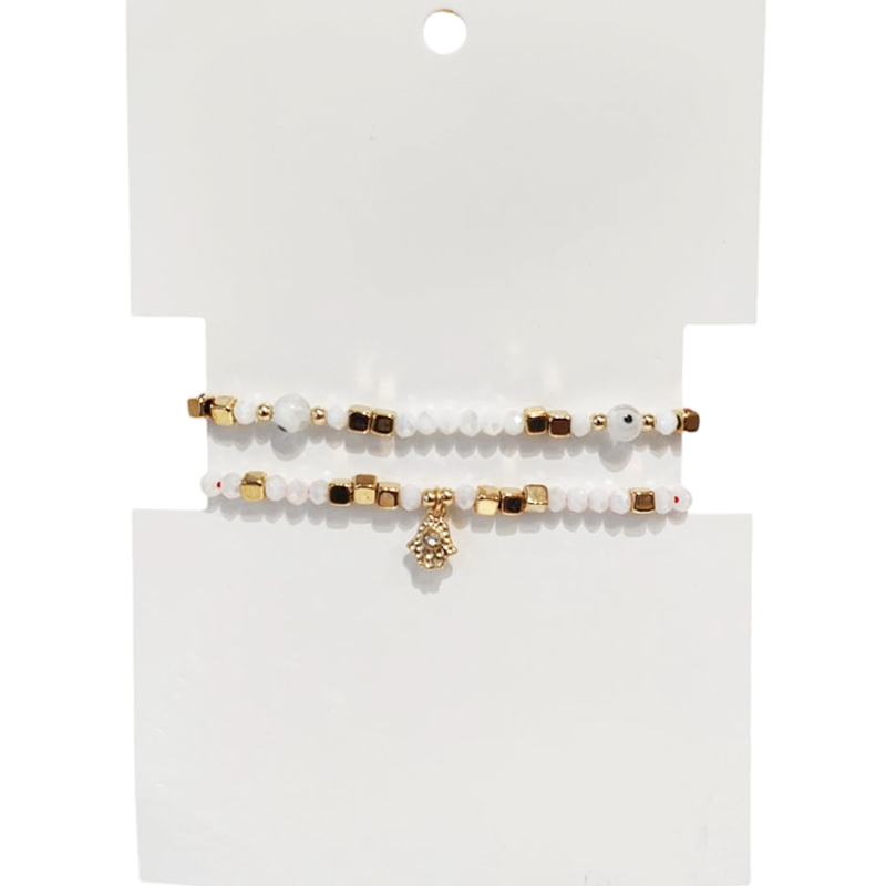 Set Pulseras Hilo y Elastica Blanca con ojo Turco y Mano de Fatima