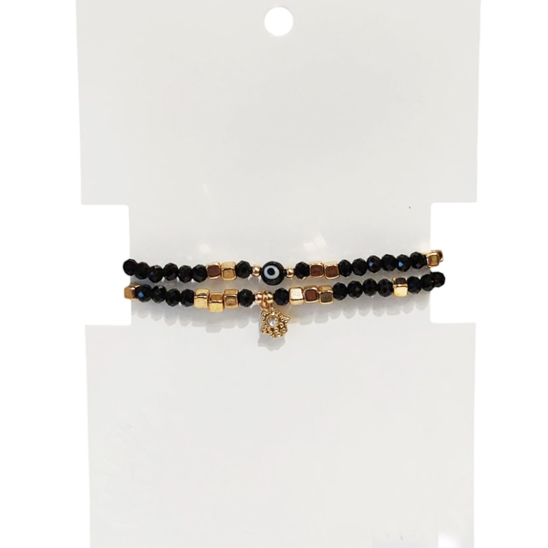 Set Pulseras Hilo y Elastica Negra con ojo Turco y Mano de Fatima