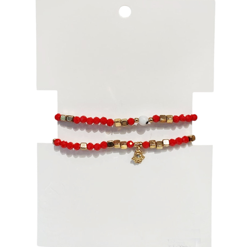 Set Pulseras Hilo y Elastica Roja con ojo Turco y Mano de Fatima