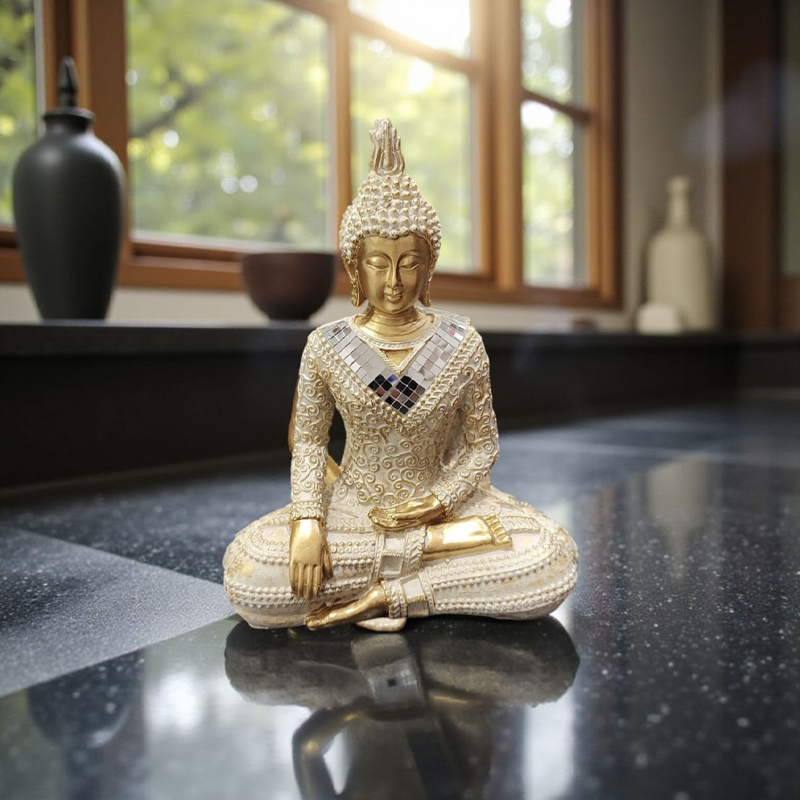 Buda Dorado Meditando con Banda Espejada 18cm Modelo N°2