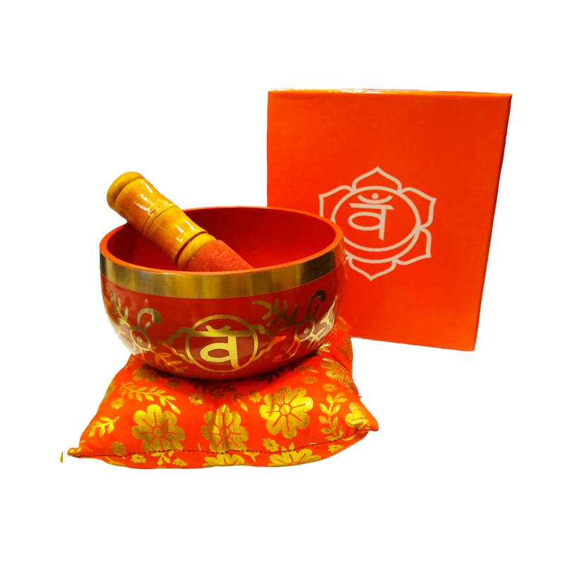 Set Caja Cuenco Naranja + Zafu 7 Chakras 12,5cm con Baqueta de Felpa ( Segundo Chakra)