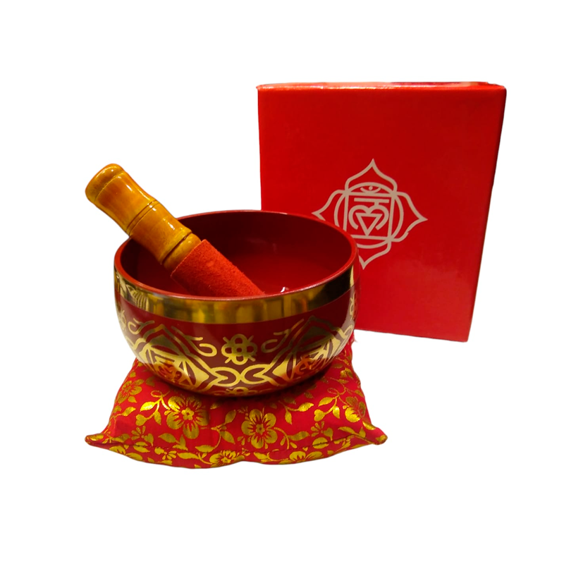 Set Caja Cuenco Rojo + Zafu 7 Chakras 12,5cm con Baqueta de Felpa  ( Primer Chakra)