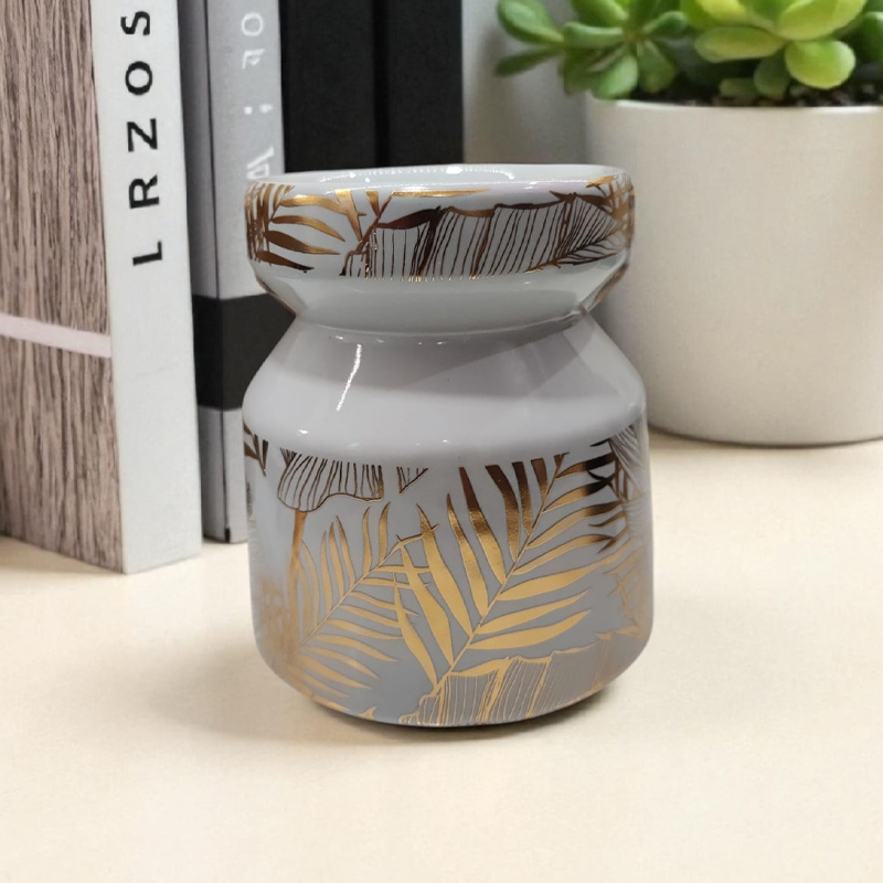 Hornito Ceramica Blanco con Hojas Doradas 9.5cm