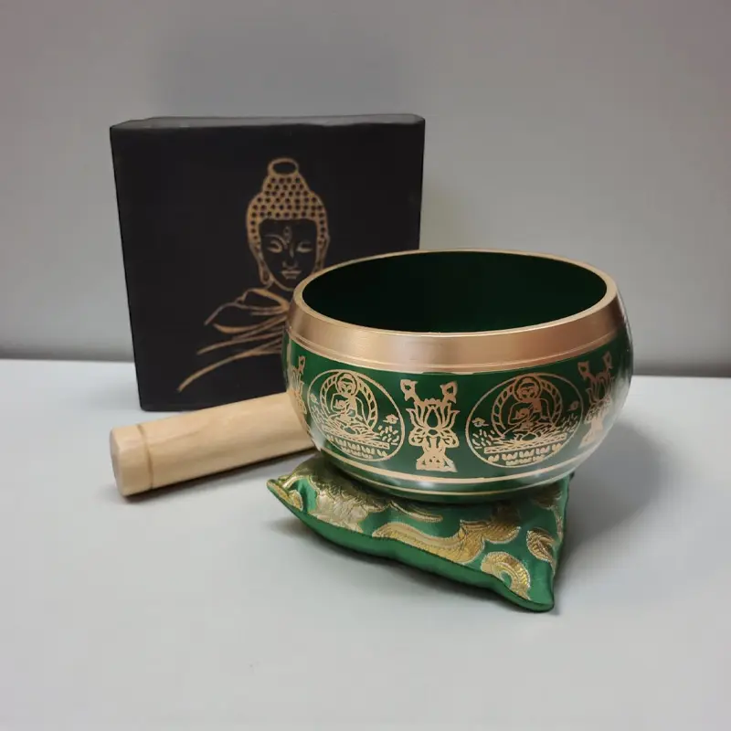 Cuenco Tibetano 10.5cm Verde con Zafu, Baqueta y Caja Buda