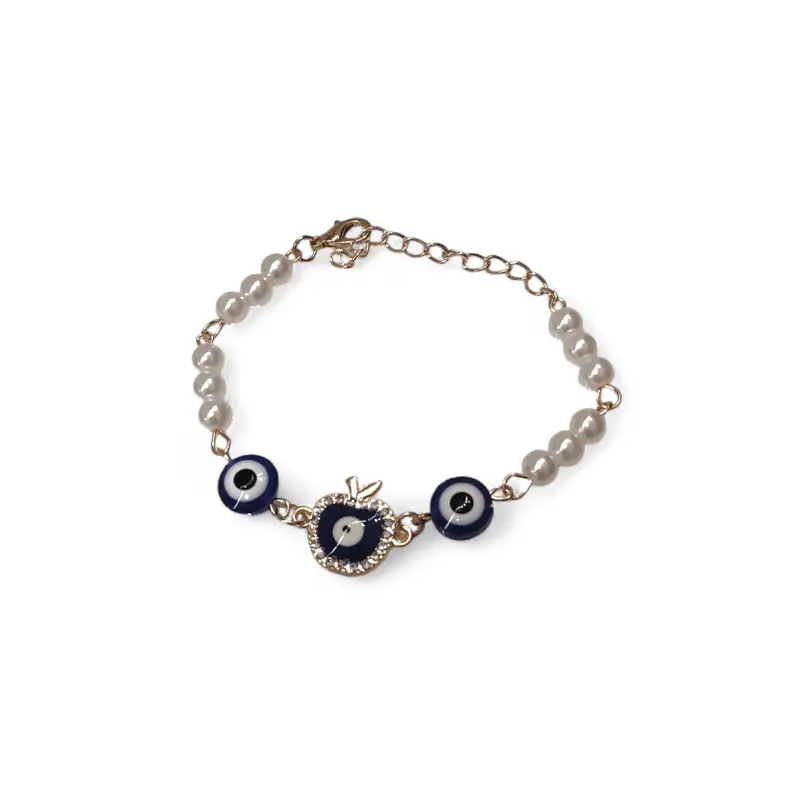 Pulsera Trendy Perlas con Ojo Turco y Manzana con Strass