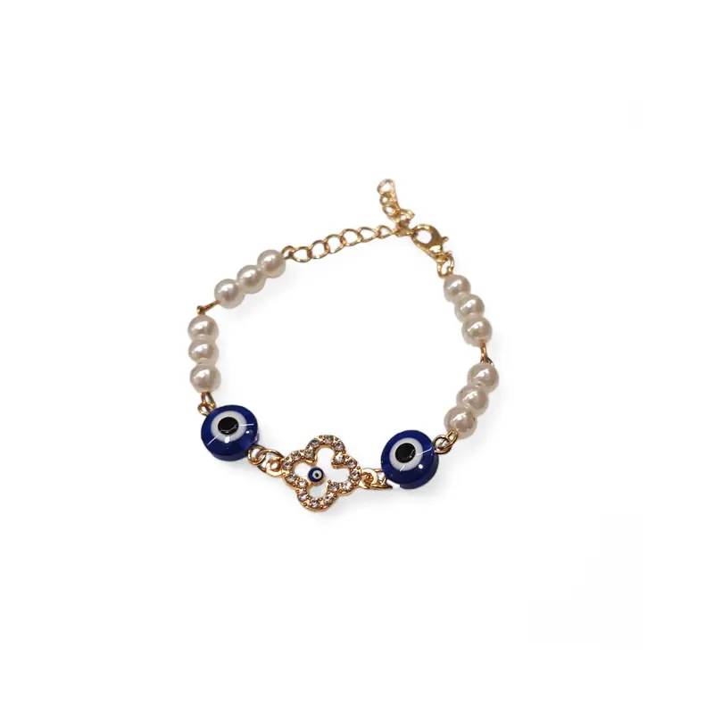 Pulsera Trendy Perlas con Ojos Turcos Trebol con Strass