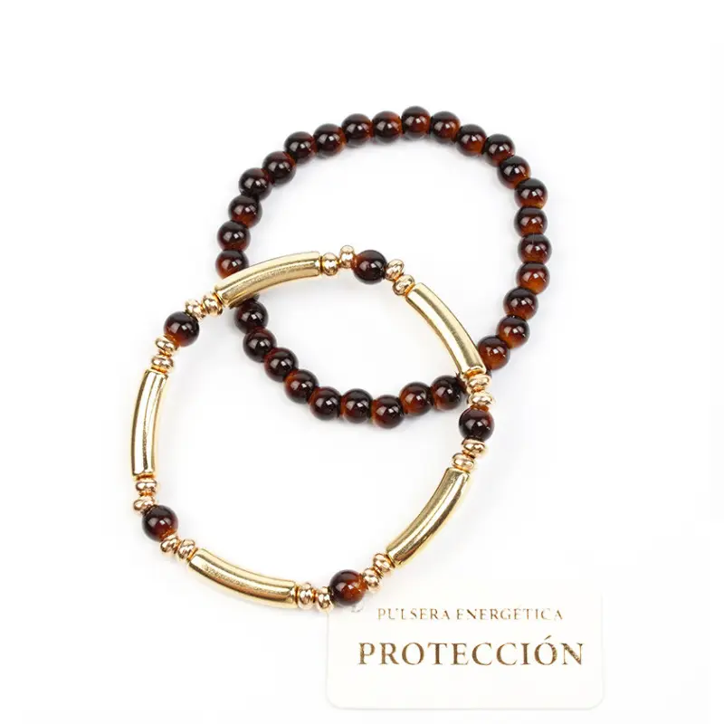 Set Pulseras Elasticas Dorada y Simil Ojo de Tigre