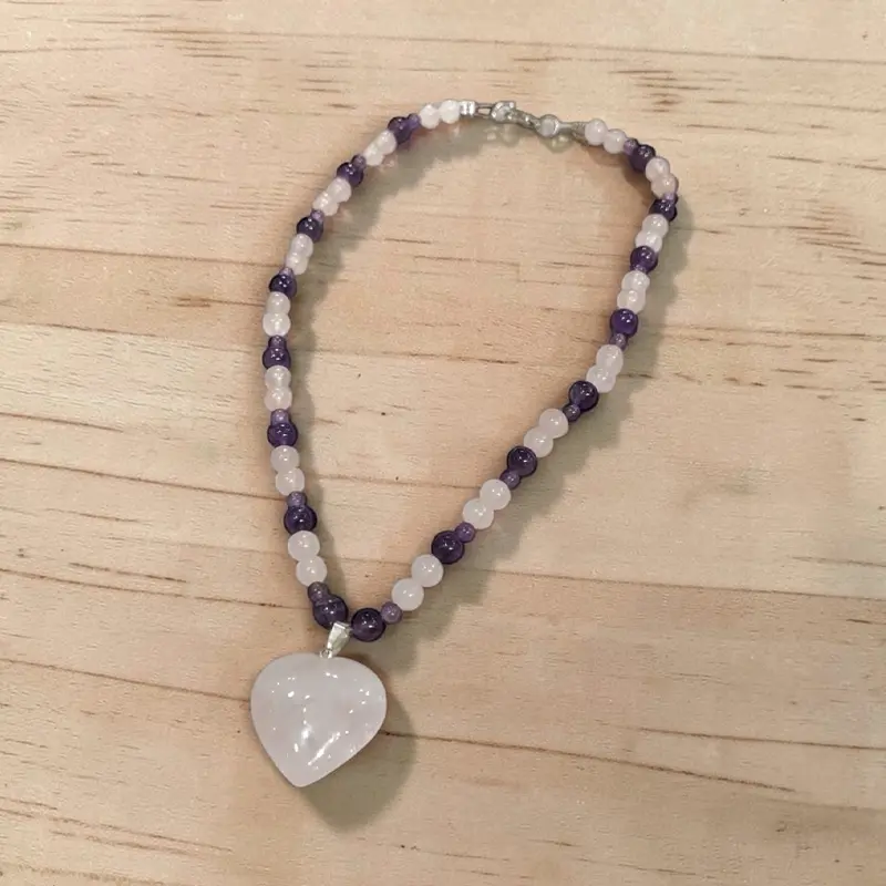 Collar Amatista y Cuarzo Rosa con Dije Corazon Cuarzo Rosa