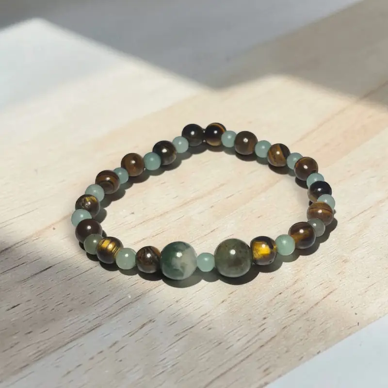 Pulsera Gema Elastica Amazonita, Ojo de Tigre y Agata Verde