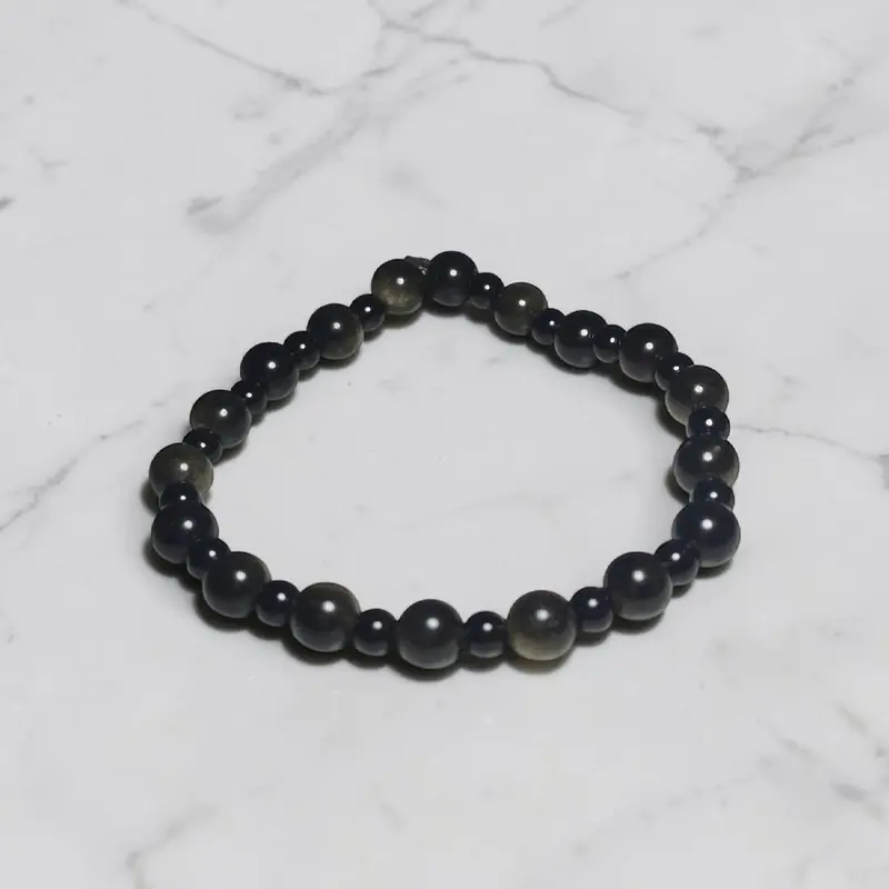 Pulsera Gema Elastica Obsidiana Negra y Obsidiana Dorada 