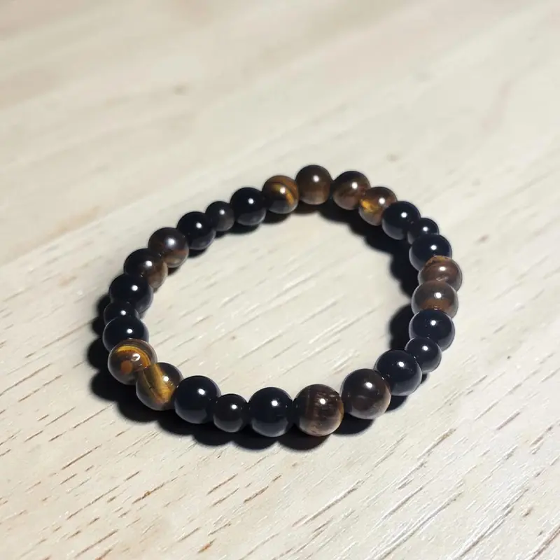 Pulsera Gema Elastica Obsidiana Negra y Ojo de Tigre