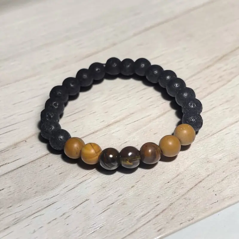 Pulsera Gema Elastica Jaspe Madera, Piedra Volcanica y Ojo de Tigre 