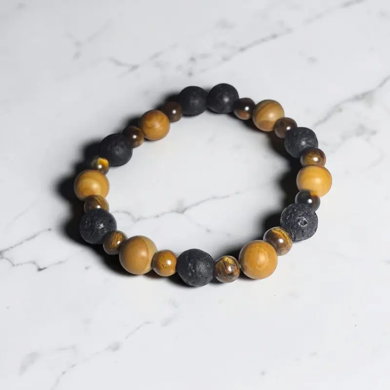Pulsera Gema Elastica Piedra Volcanica, Jaspe Madera y Ojo de Tigre