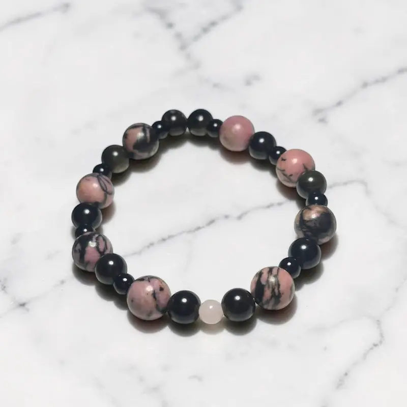 Pulsera Gema Elastica Rodonita, Obsidiana Negra, Obsidiana Dorada y Cuarzo Rosa 