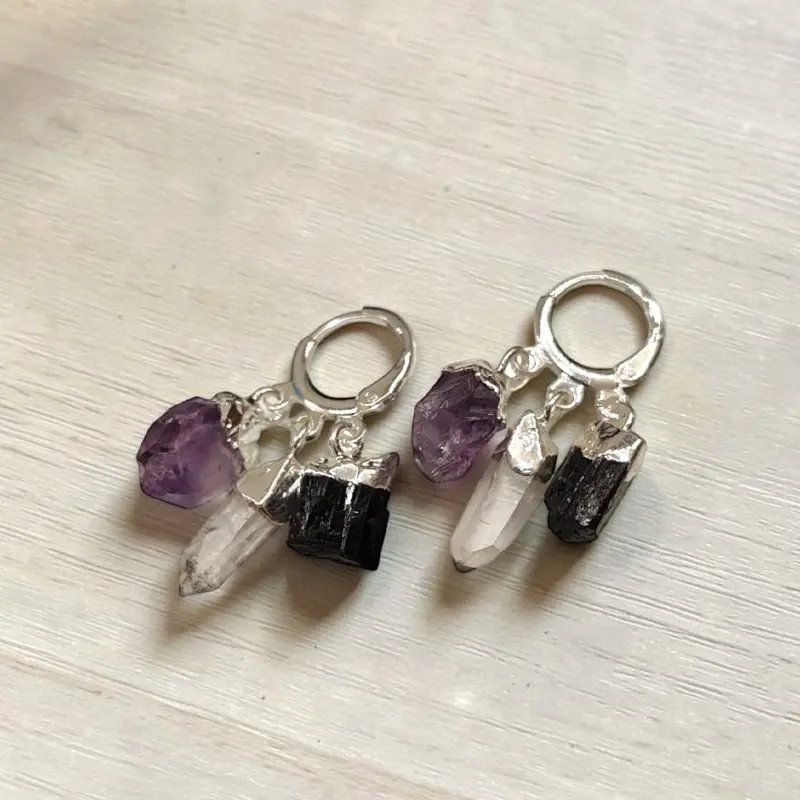 Aros Gema Amatista, Turmalina Negra y Cuarzo Cristal en Bruto