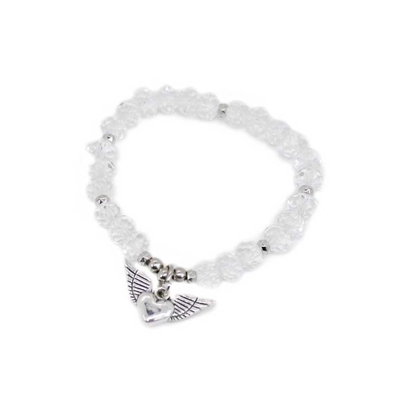 Pulsera Transparente con Corazon Plateado con Alitas