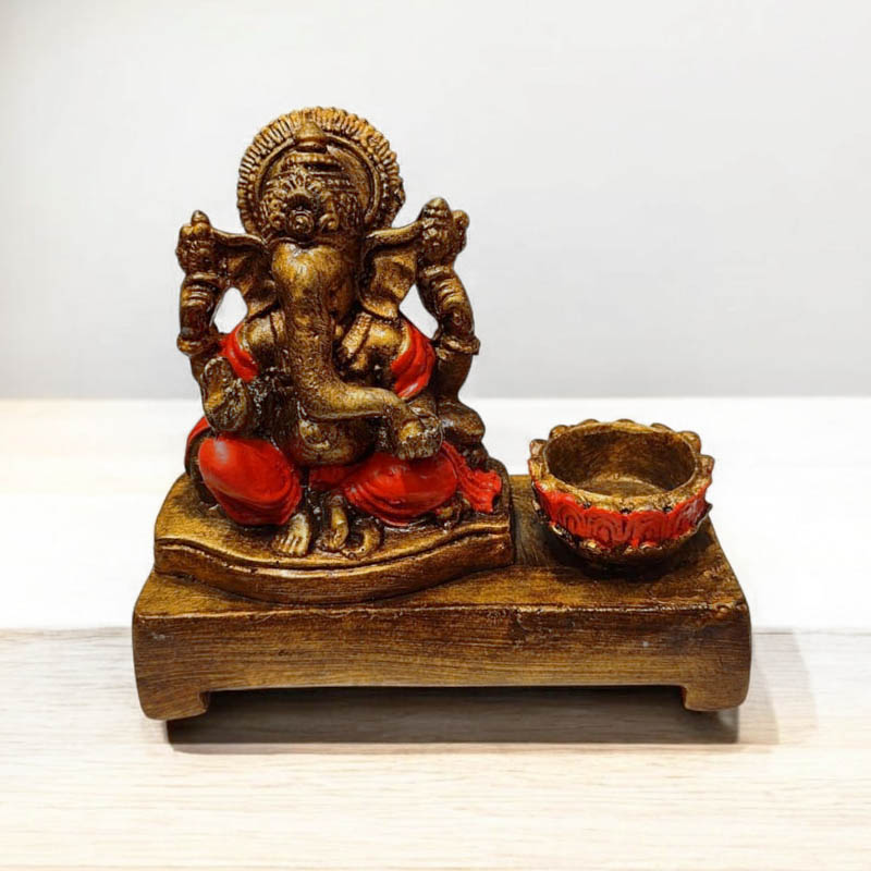 Porta Velas Altar Ganesha Dorado Manto Rojo 15cm