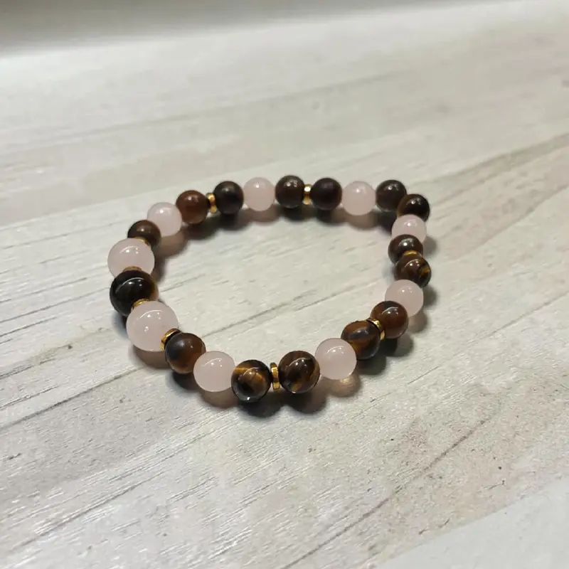 Pulsera Gema Ojo de Tigre y Cuarzo Rosa Elastica 