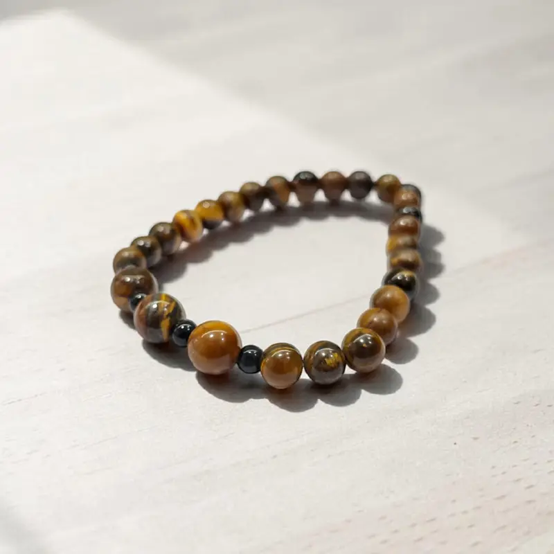 Pulsera Gema Ojo de Tigre y Obsidiana Negra Elastica 