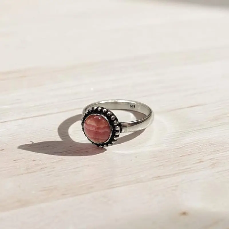 Anillo Gema Rodocrosita Redondo Alpaca con Baño de Plata