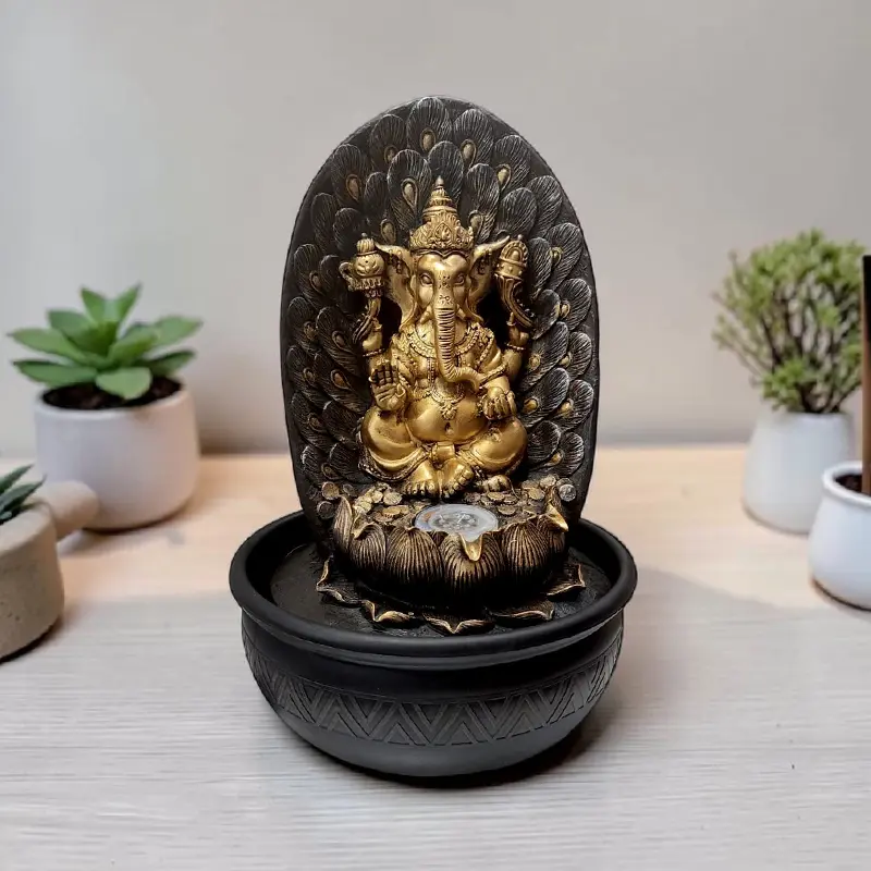 Fuente de Agua Ganesha Dorada con LED 40cm