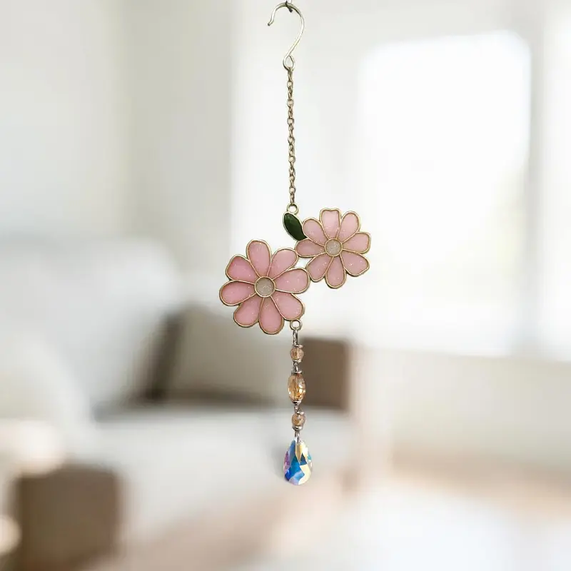 Movil Metal Colgante Flores Rosas con Atrapasol 35cm