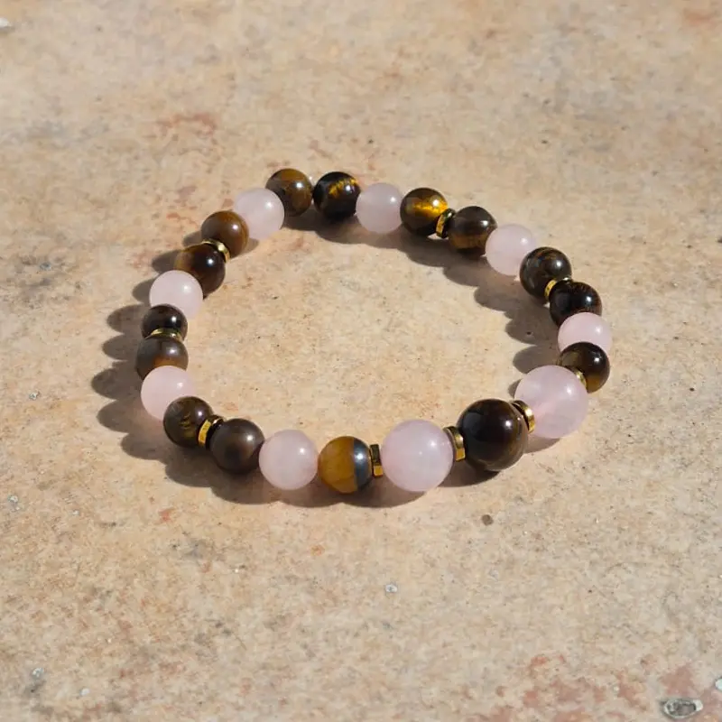 Pulsera Gema Elastica Cuarzo Rosa, Ojo de Tigre y Hematite Dorado