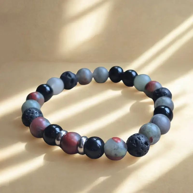 Pulsera Gema Elastica Heliotropo, Obsidiana Negra y Piedra Volcanica