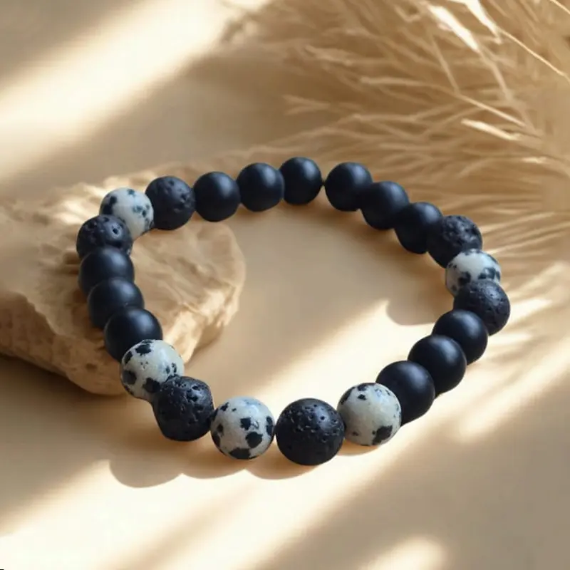Pulsera Gema Elastica Onix Mate, Jaspe Dalmata y Piedra Volcanica