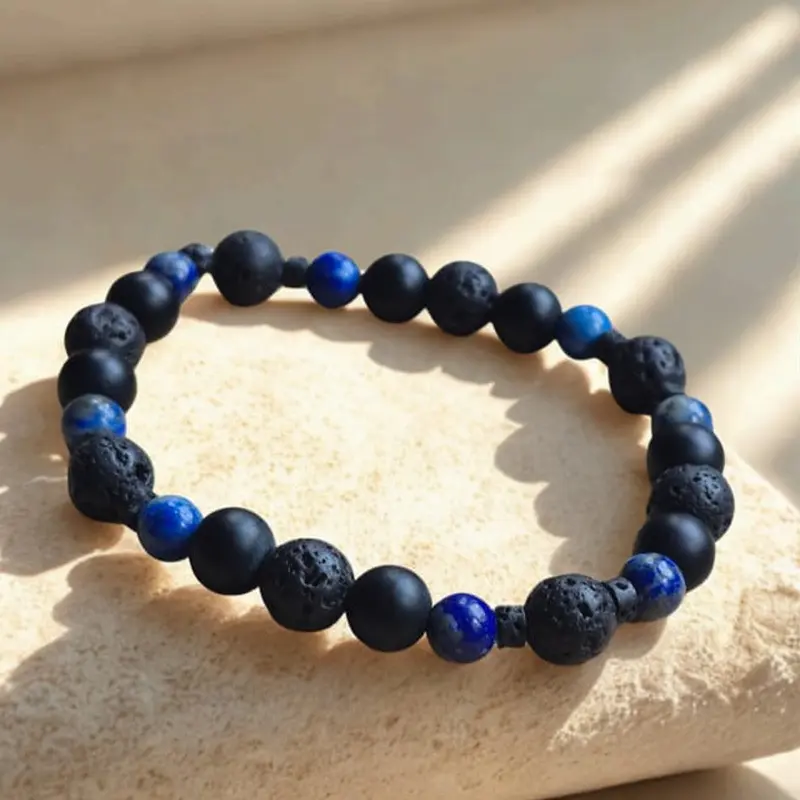 Pulsera Gema Elastica Onix Mate, Lapislazuli y Piedra Volcanica