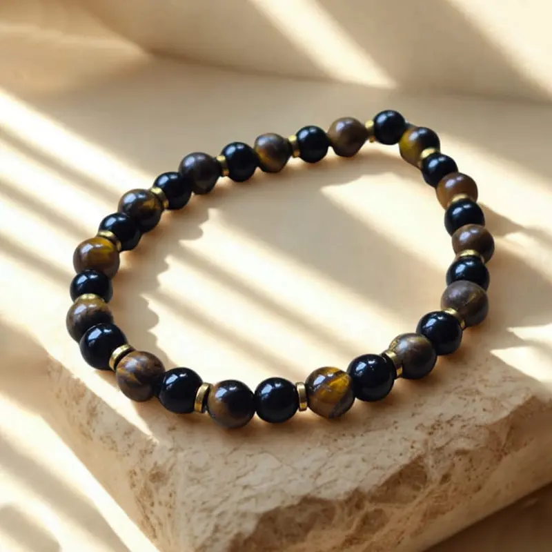 Pulsera Gema Elastica Ojo de Tigre, Hematite Dorado y Obsidiana Negra 