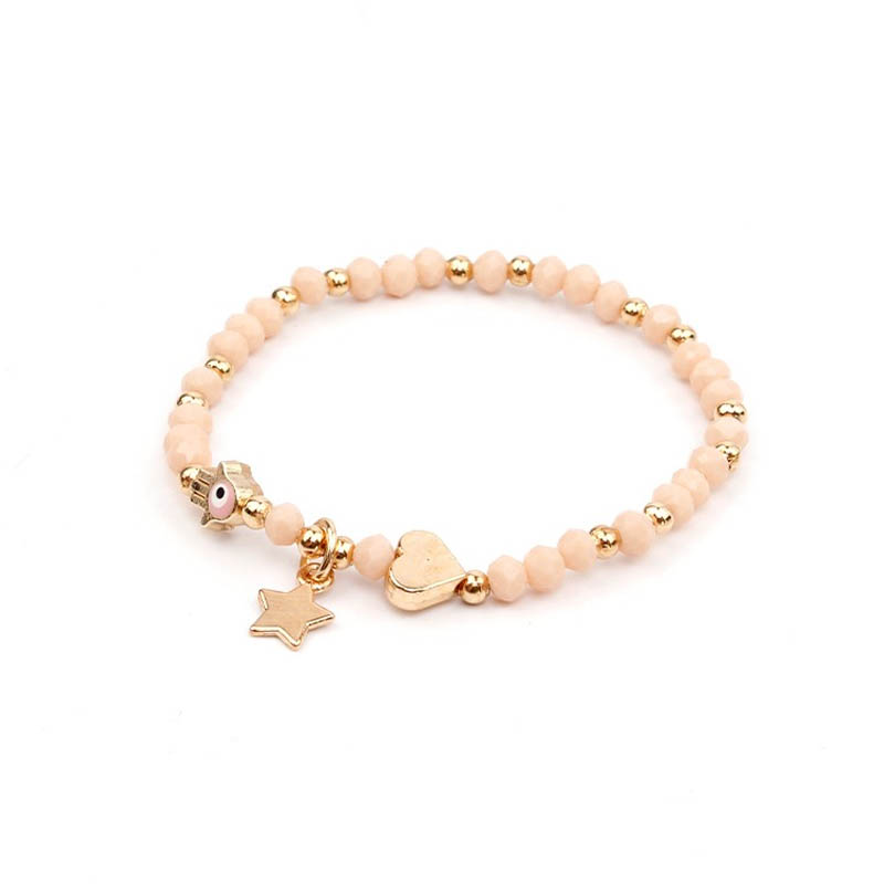 Pulsera Elastica Beige con Corazon, Mano de Fatima, Ojo Turco y Estrella