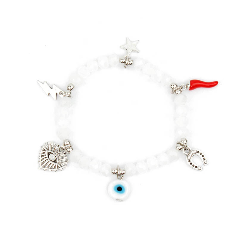 Pulsera Elastica Blanca con Ojo Turco, Herradura y Dijes Varios