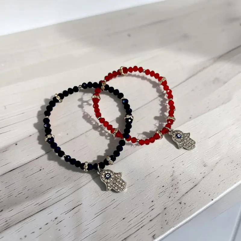 Pulsera Elastica con Dije Mano de Fatima y Ojo Turco Colores Surtidos 