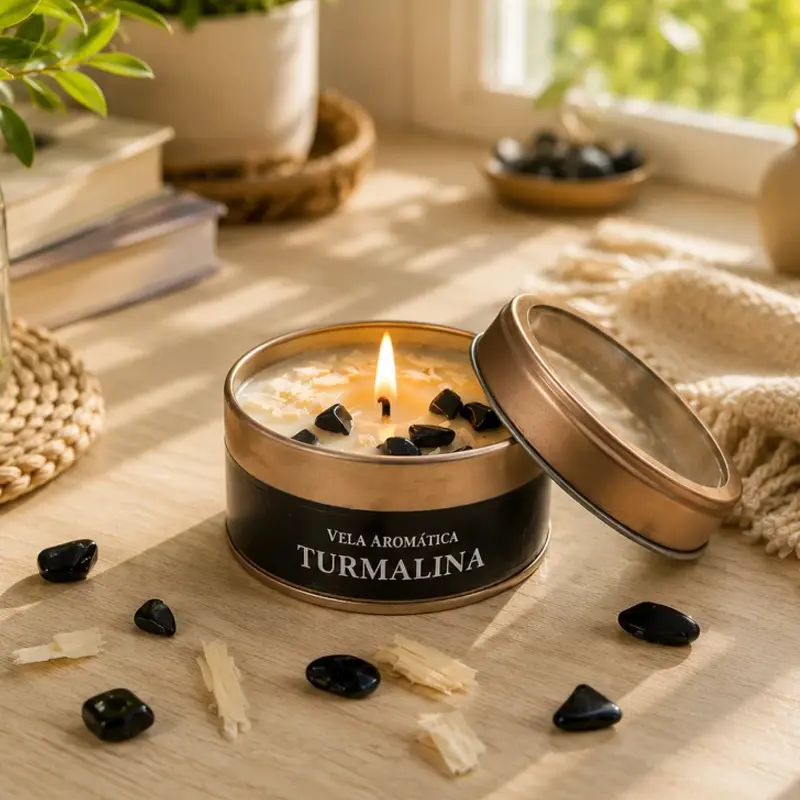 Vela Aromatica Organica con Cristal Turmalina Negra