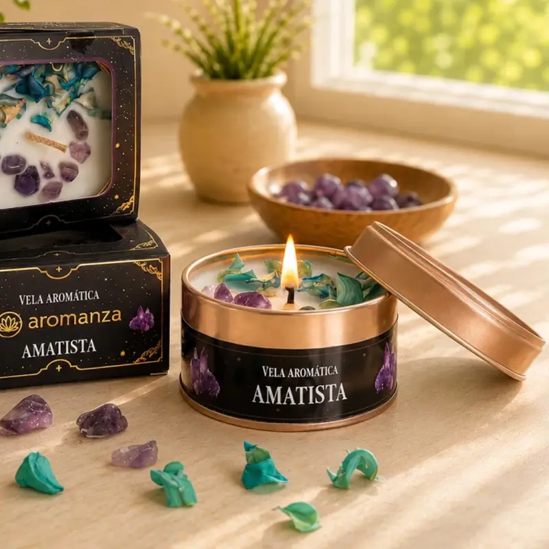 Vela Aromatica Organica con Cristal Amatista