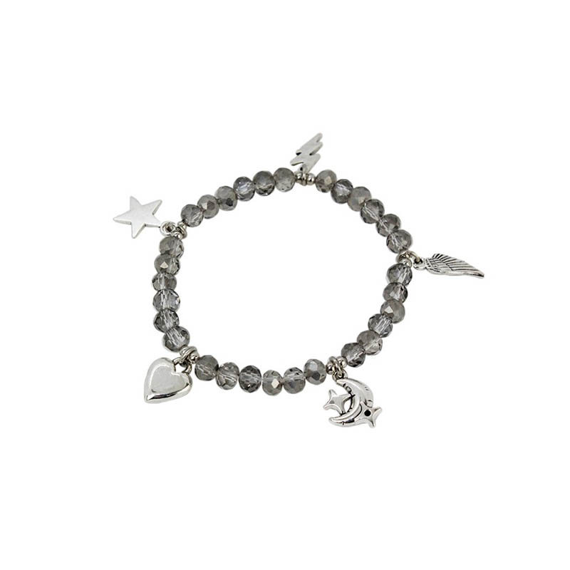 Pulsera Elastica Gris con Corazon, Luna y Dijes Varios