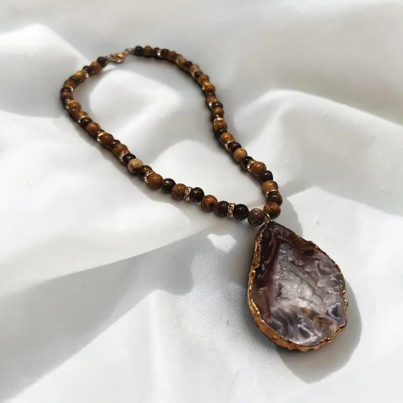 Collar Gema Ojo de Tigre y Jaspe Madera con Drusa de Agata